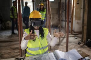 Construction site worker using VR glasses