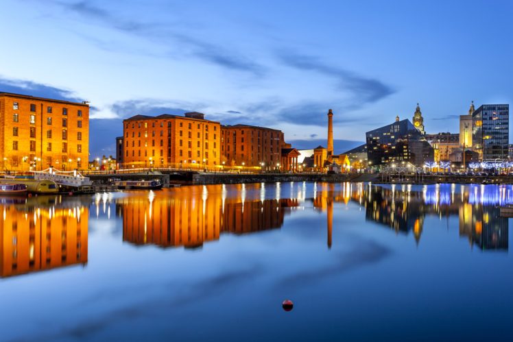 Liverpool waterfront skyline with its famous buildings like Pierhead, albert dock, salt house, ferry terminal etc.